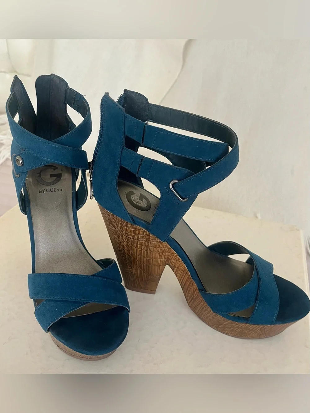 G by Guess Teal Suede Platform Wedge Sandals
